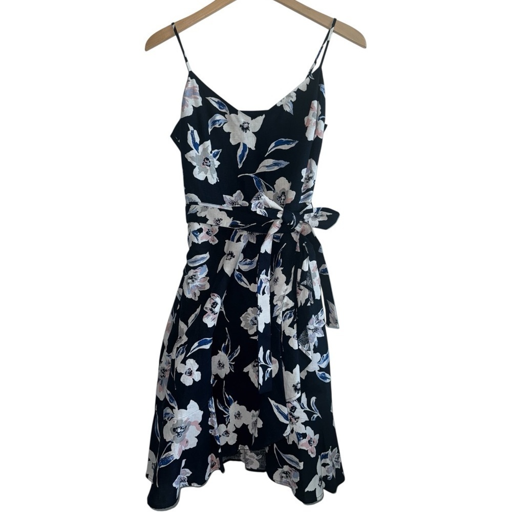 BANANA REPUBLIC Linen Blend Floral Wrap Dress Navy Blue Sleeveless Mini Small 4